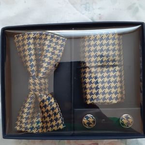 Gold and blue bowtie and Cufflink set